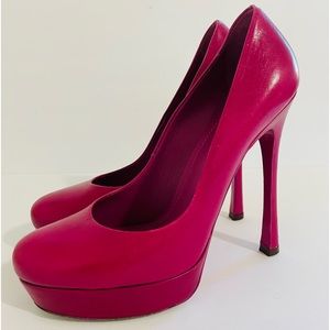 Yves Saint Laurent YSL Fuscia Leather High Heels Pump Shoes Platform Sz 39
